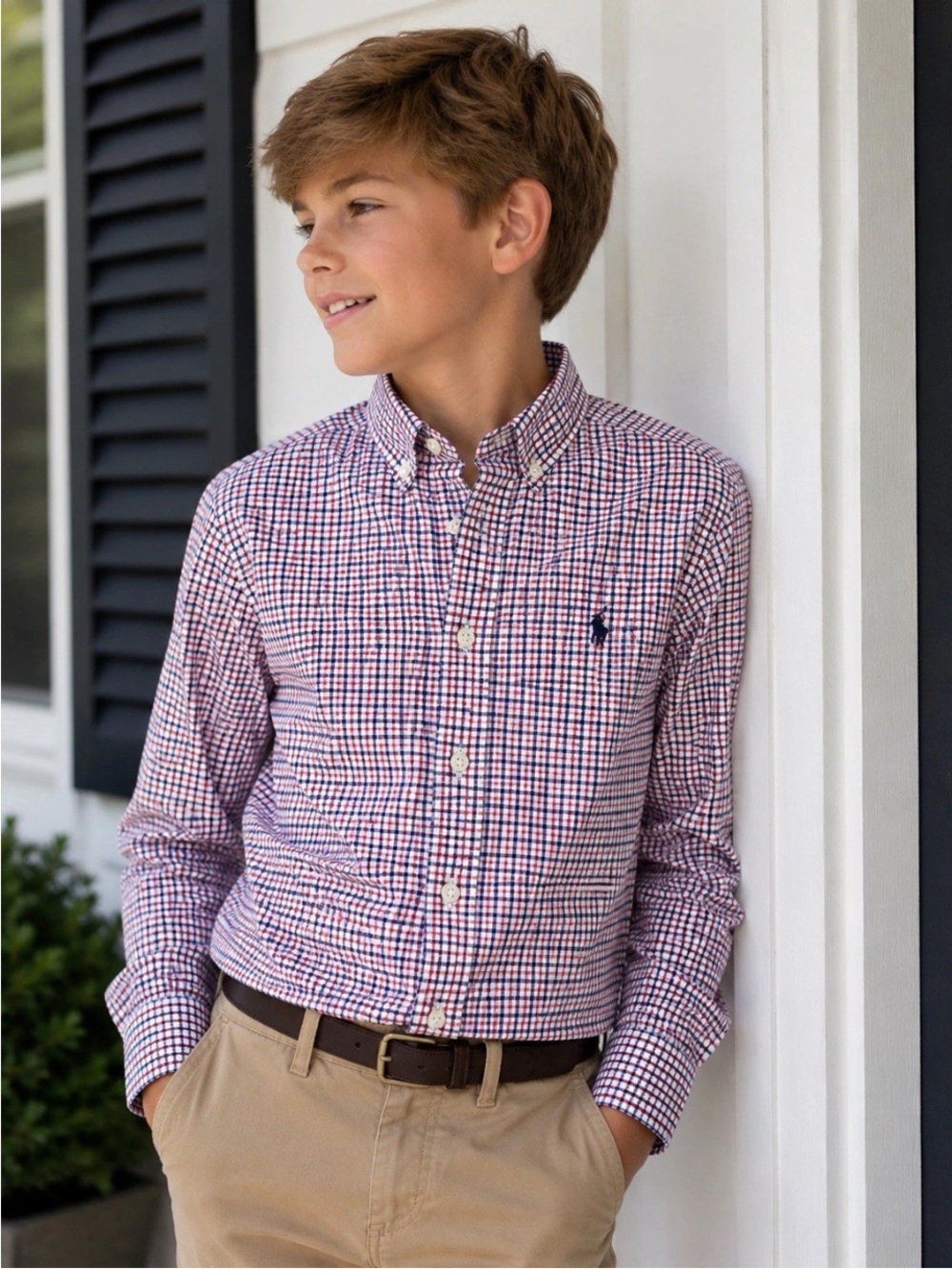 RALPH LAUREN POLO Red & Navy Check/plaid LONG SLEEVE SHIRT BOYS SIZE 6  EUC